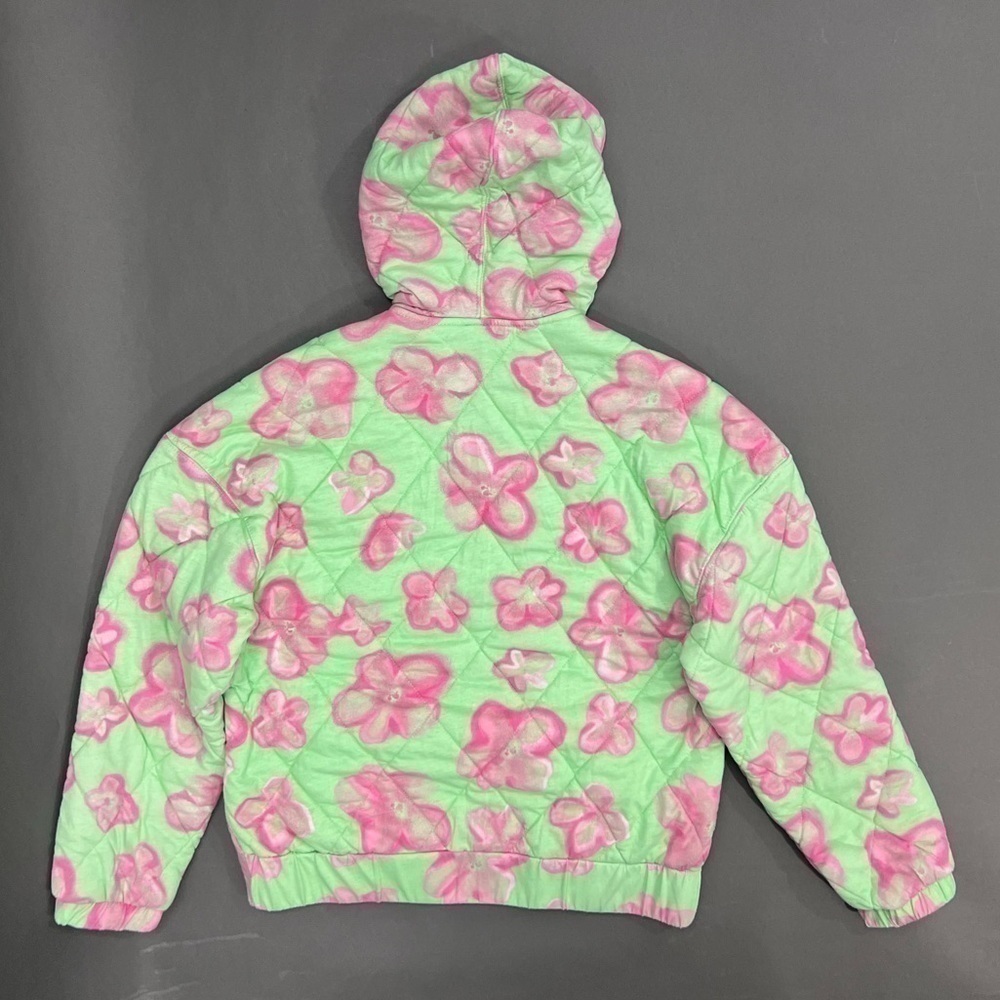 Blanketed Abstract Floral Print Hooded Zip Up Quilted Jacket - Picture 2 of 6